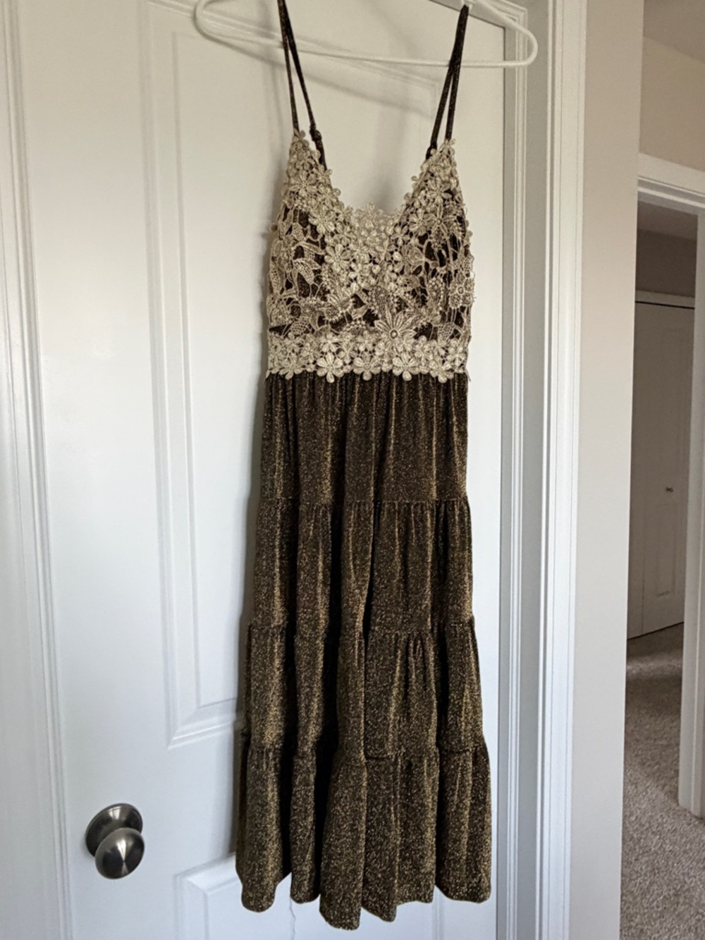 white birch Brown Tiered Midi Dress with Ivory Crochet Bodice